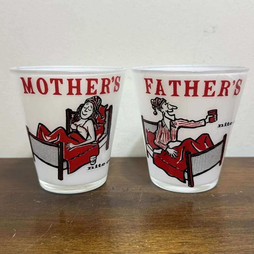 Vintage 50’s Mother's & Father's Nite Cap Highball Glasses frosted bar novelty